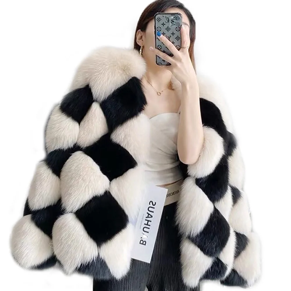 

Women's New Imported Finnish Checkerboard Real Fox Fur Coat Luxury Thick Warm Fur Jacket Casual Streetwear Women Outerwear