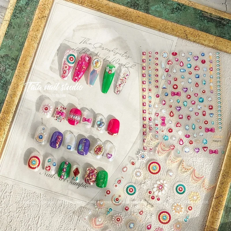 

Retro Embossed Bohemia Diamond Flower 5D Acrylic Nail Stickers Colorful Adhesive Transfer Manicure Decals Nail Art Accessories