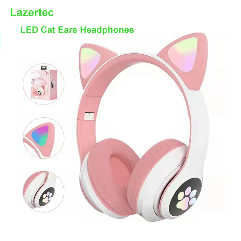 Lazertec LED Rainbow Light Cat Ears Headphones Bluetooth Wireless Headset With Mic Stereo Music Earbud Kitten Earphon Gift
