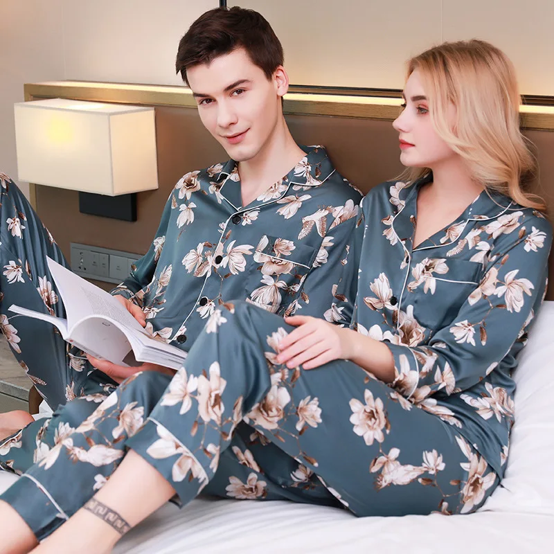 Ice Silk Women Pajama Sets Elegance Pajamas for Couples Thin Section Long Sleeve Trousers Pyjamas for Women Night Wears 2 Pieces