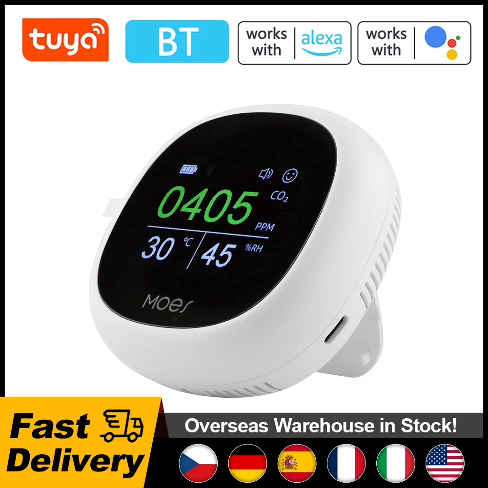 

Tu ya BT Digital Dioxide Detector Display NDIR Sensor Carbon Temperature and Humidity Tester Air Quality Monitor Detector Meter