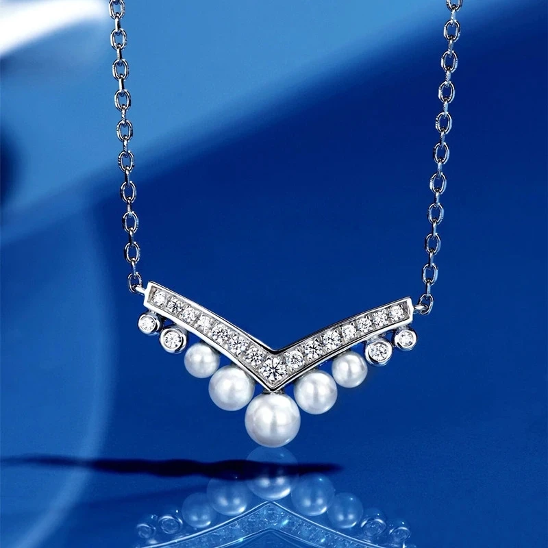 

Luxury Brand 2023 New S925 Sterling Silver V-shaped Pearl Pendant Women's Necklace Fashion Party Premium Diamond Jewelry Gifts
