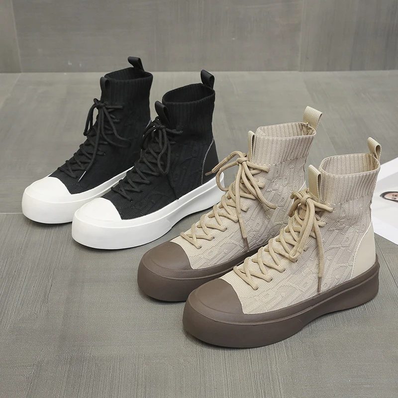 

Stretch Fabric Lace-up High Boots Women 2023 Spring Autumn Casual Leisure Student Women's Shoes Chunky Sole Round Toe Boots