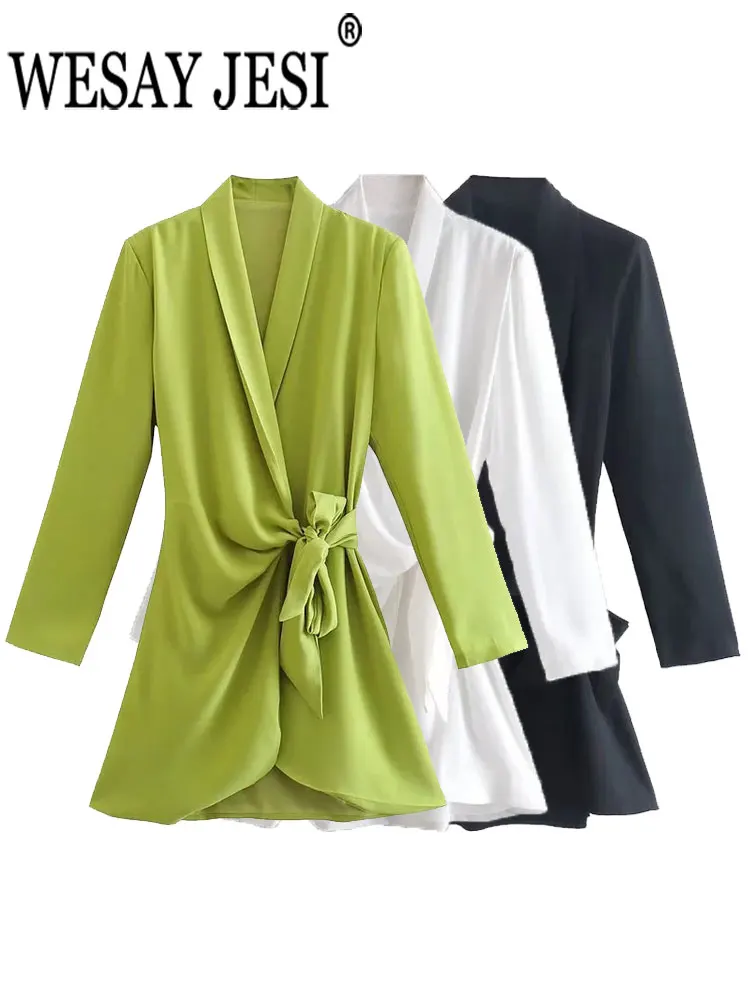 

WESAY JESI элегантное женское платье с длинным рукавом с отворотом однотонные Женские топы с поясом и бантом 2022 весенние модные повседневные Пр...