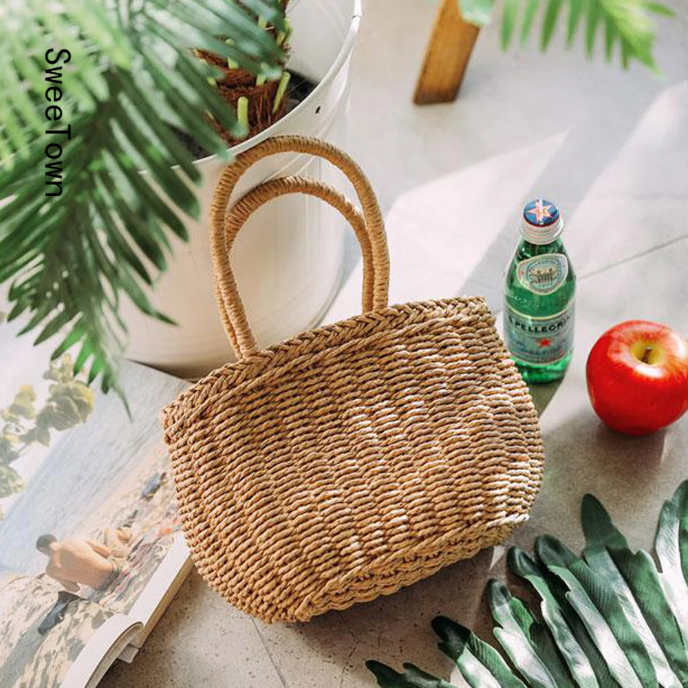 

Sweetown Fashion Women Summer Beach Bag Straw Knitting Tote Bag Beach Casual Shoulder Bag Handbag Handmade Basket Shopping Bags