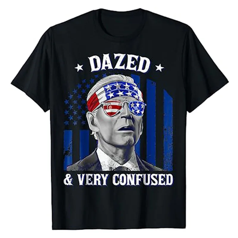 

Funny Joe Biden Dazed and Very Confused 4th of July Patriotic T-Shirt Humorous Political Jokes Graphic Tee Short Sleeve Outfits