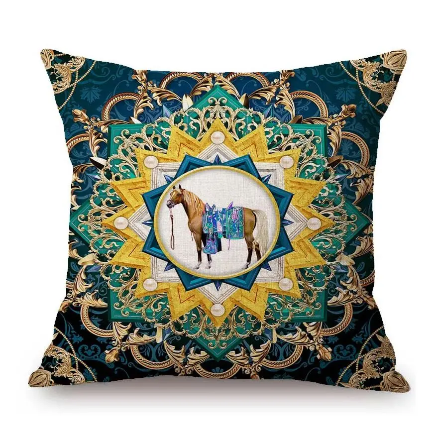 Vintage European Royal Court Luxury Horse Design Metallic Madala Sofa Decoration Throw Pillow Case Emerald Linen Cushion Cover