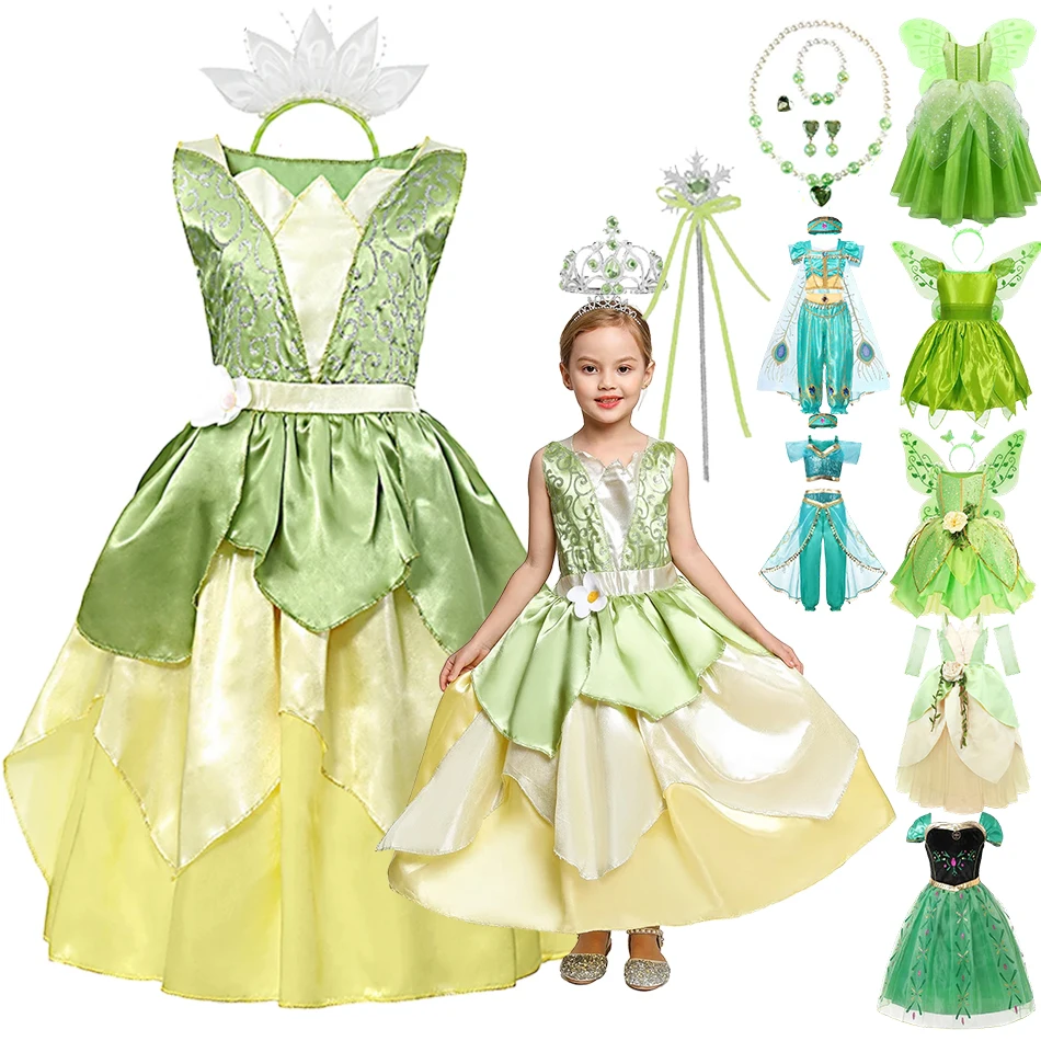 

Disney Little Girls Tiana Green Fairy Tale Frog Princess Dress Birthday Party Fancy Dresses Role Play Costume Deluxe Outfits