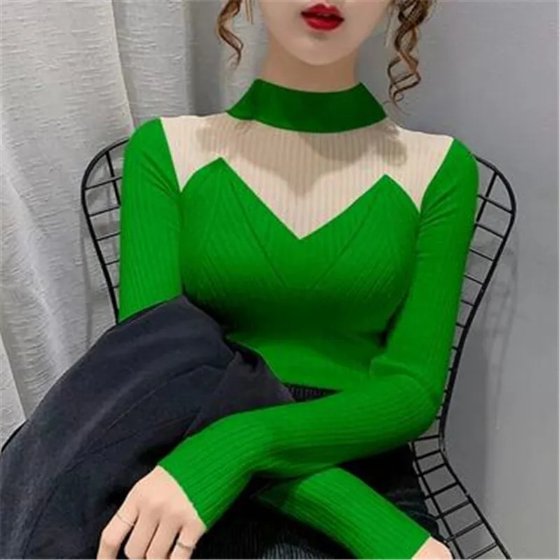 

Fashion Sweaters for Women Sexy Knitwear Jumper Tops Pull Femme Patchwork Gauze See Throught Tunic Knitted Pullovers