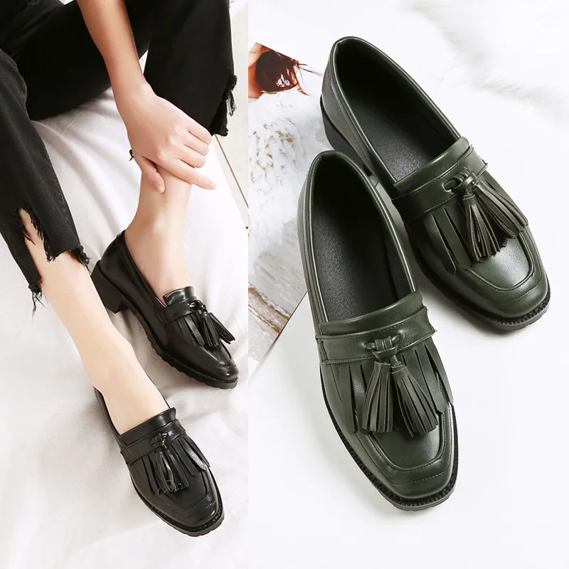 

Retro Vintage Women Fringed Loafers Square Toe Tassel Flat Shoes Ladies Spring Autumn Casual Dress Flats Female Footwear Size 43