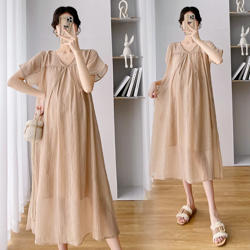 

6015# 2023 Summer Korean Fashion Maternity Long Dress Oversize Loose Straight Clothes for Pregnant Women Casual Pregnancy