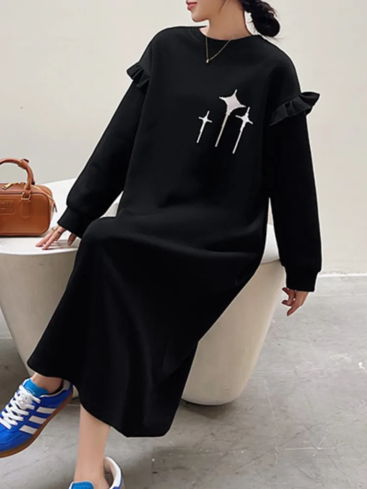 Осенне-зимнее длинное платье большого размера черное женское свободное