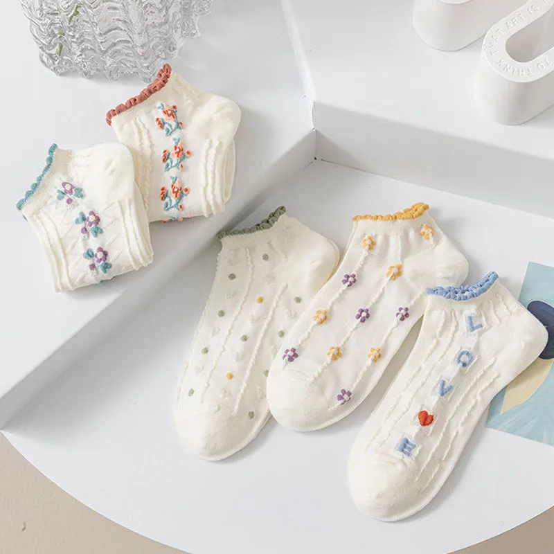 5pair /Lot Cute Flowers Ankle Socks Women No Show Low Cut Thin Breathable Spring Autumn Cartoon Casual Boat Sock Polyester