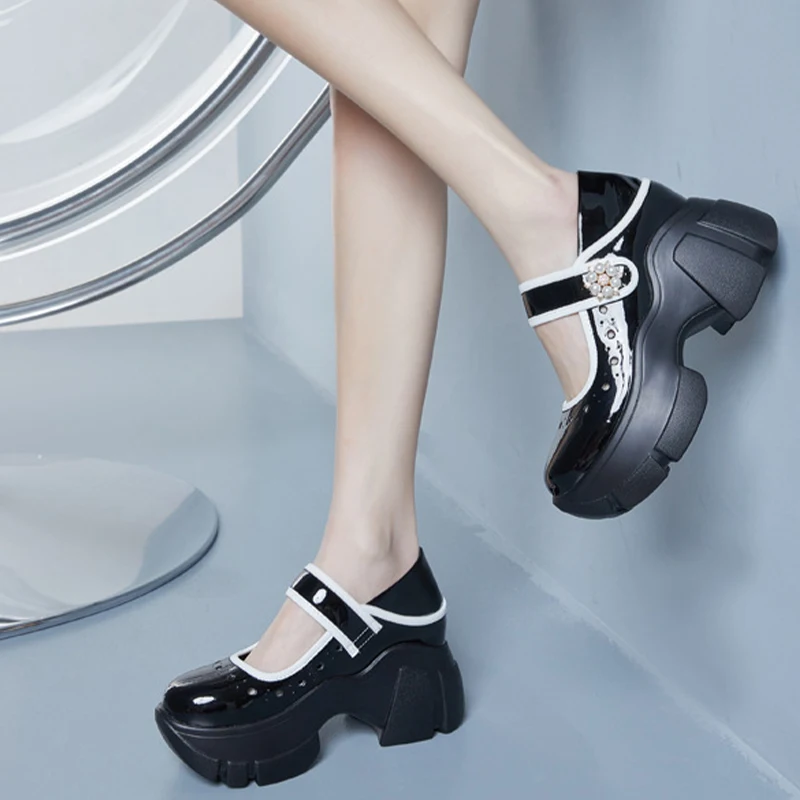 8.5cm Chunky Sneakers Genuine Leather Slides Summer Ankle Loafers Hollow Women Platform Sandals Wedge Breathable Female Shoes