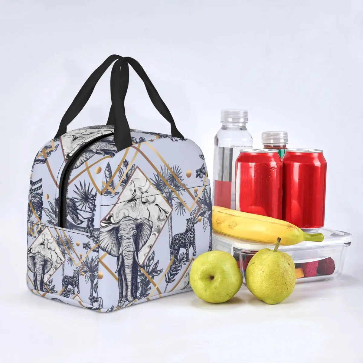 

Elephant Lunch Bag with Handle Wildlife Animal Print Work Cooler Bag Clutch Meal Cute Thermal Bag