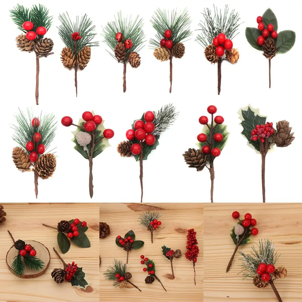 

Berry Holly Branches Red Berries Pine Cone Artificial Flowers Home Floral Decor Christmas Ornament Xmas tree Decor