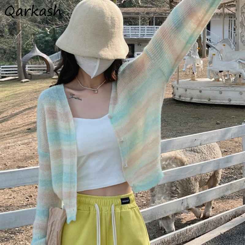 

Cardigan Women Vacation Kawaii Girlish Кардиган Женский Loose Tender Cozy Students Striped Sweet Design Simple Summer All-match