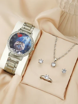 5PCS Set Luxury Watch Women Ring Necklace Earrings Rhinestone Fashion Wristwatch Female Casual Ladies Watches Bracelet Set Clock 1