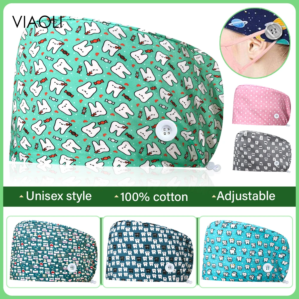 

Surgical Cap Hospital Nurse Doctor Hat Pure Cotton Tooth Print Baotou Cap Fashion Nursing Working Caps Buckle Round Caps Buttons