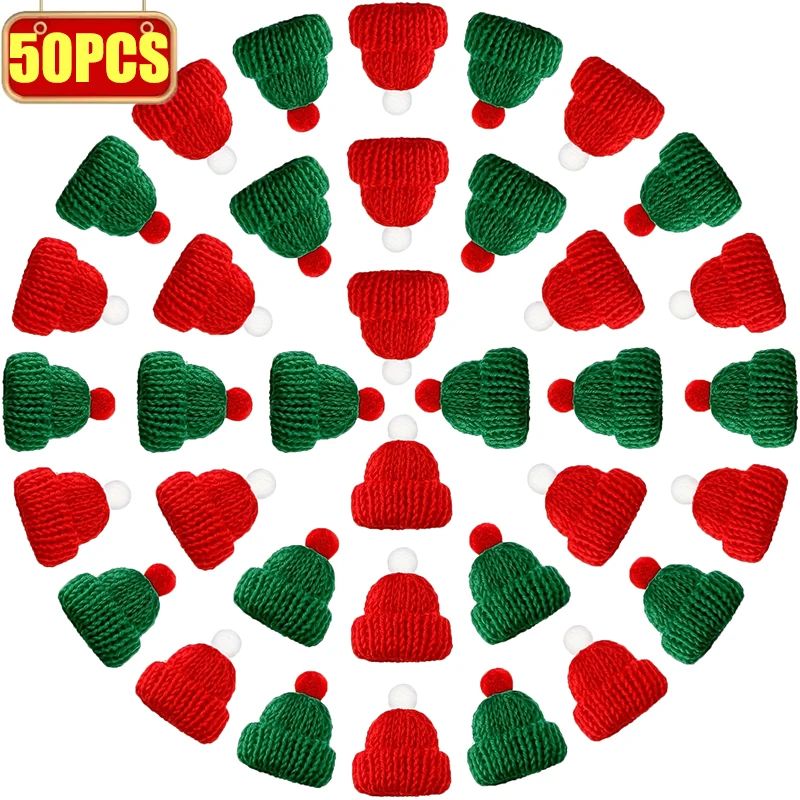 Фото 50/10 шт. красная мини-шапка Санта-Клауса, вязаная шапка для кошки, куклы-кролика, леденец, крышки для бутылок вина, рождественский держатель для бутылок, декор стола и ужина №1