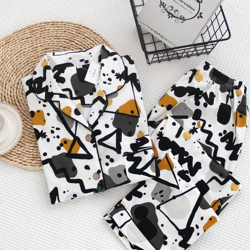 New Women Knitted Cotton Turn-Down Collar Pajama Set Comfort Loose Household Ladies 2Pcs Sleepwear Cardigan Pants