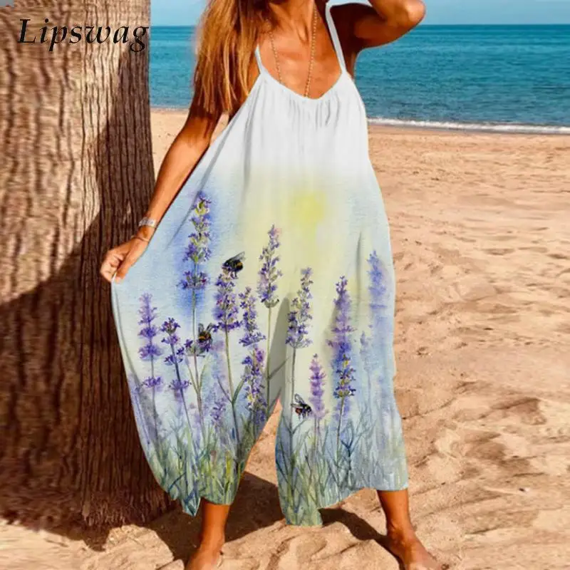

Retro Floral Print Women Beach Jumpsuit Femme Summer Casual Sleeveless Strap Romper Fashion V Neck Loose Waist Playsuit Overalls