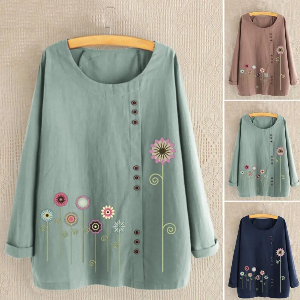 

Retro Blouse Round Neck Blouse Shirt Floral Printing Casual Loose Ladies Top