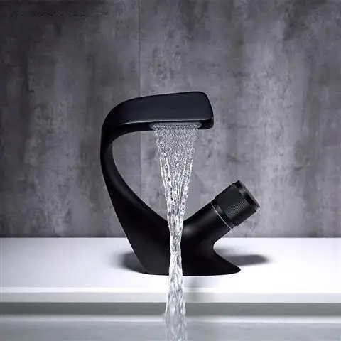 

Copper Waterfall Nordic Style Black Hot and Cold Basin Faucet Hotel Toilet Bathroom Personality Drop-in Sink Faucet