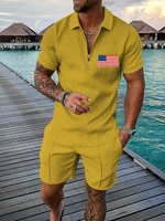 summer mens high quality short sleeve lapel zip polo shirt shorts set mens american flag print casual streetwear set of 2
