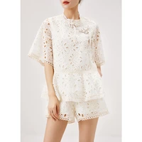 shuchan new fashion lolita style 2 piece set top with short sleeveshorts white synthetic fiber summer floral spliced