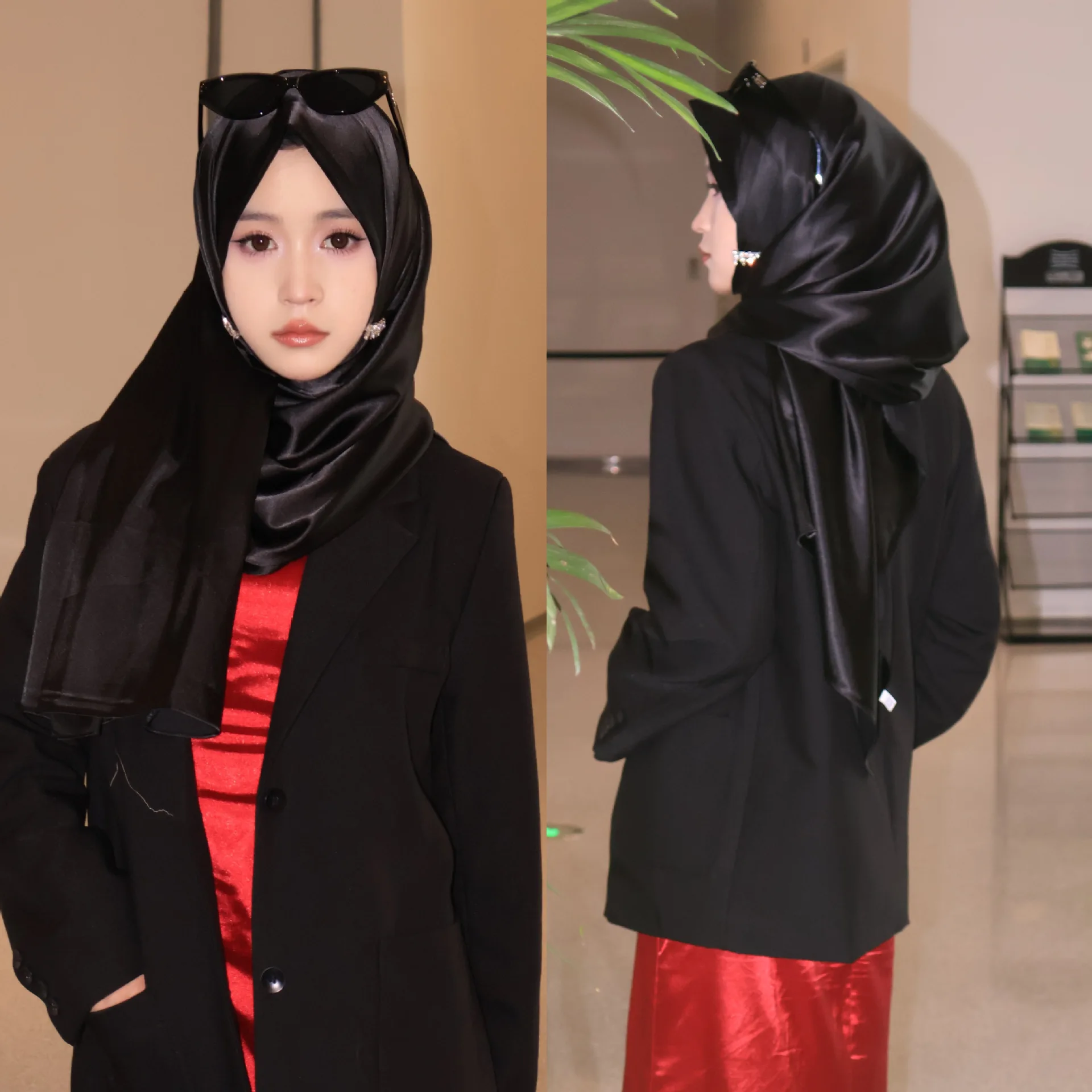 Сплошной цвет женский хиджаб мусульманский атласный длинный шарф Ближний Восток