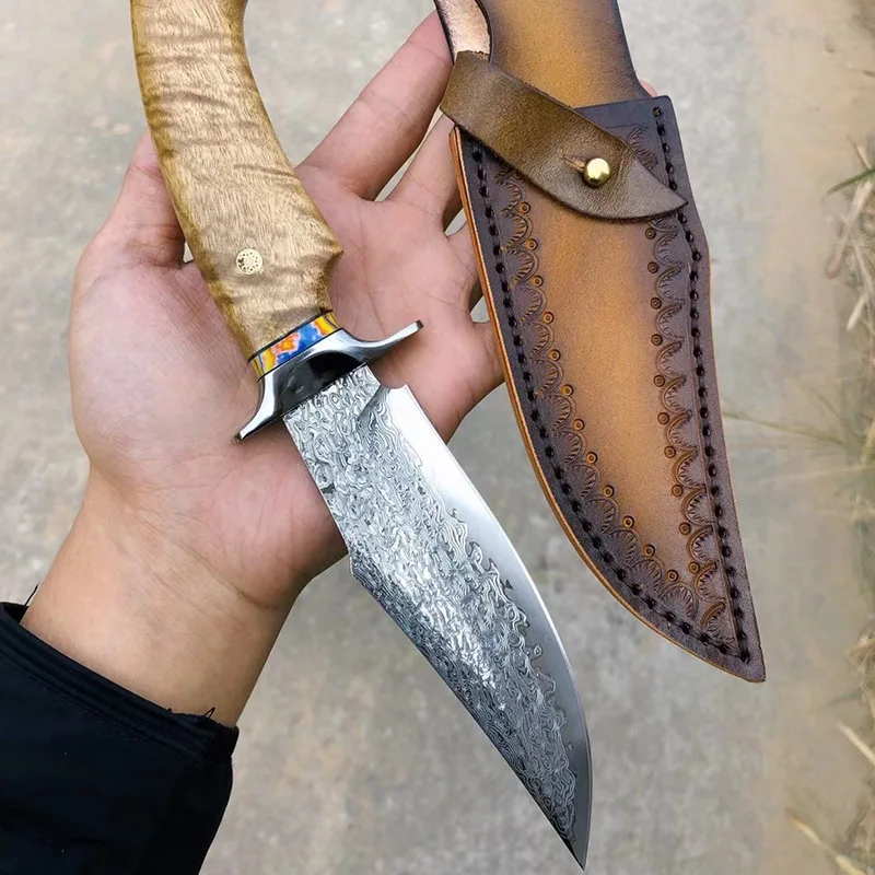 Authentic Classic Damascus Steel Straight Blade High Hardness Outdoor Survival Blade Personal Defense Outdoor White Shadow Wood