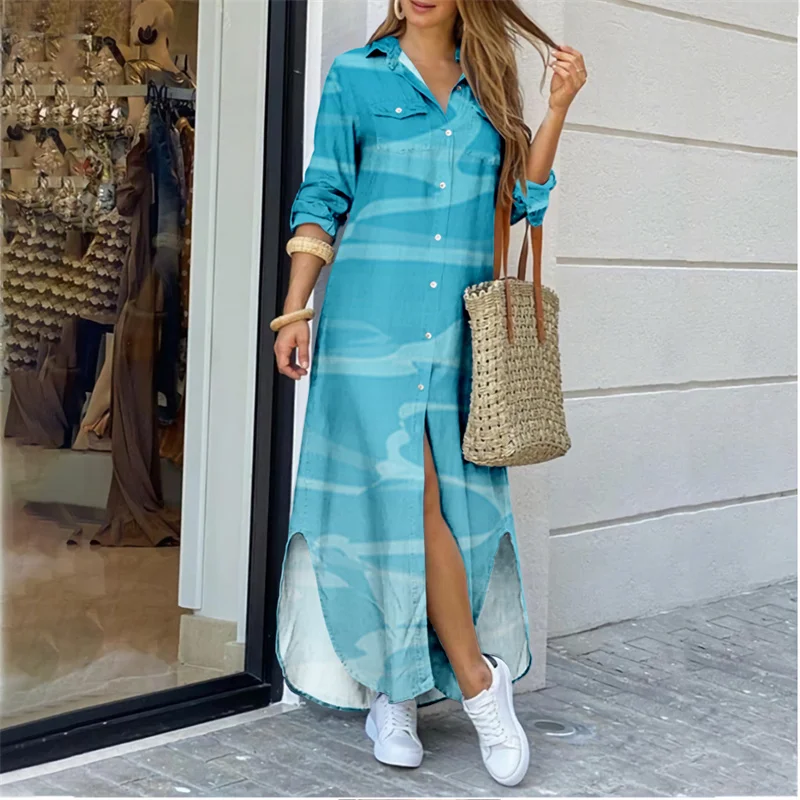 

Spring Summer Women'S Shirt Long Dress Color Lapel Pattern Printing Fashion Collection Cross-Border Clothing Holiday