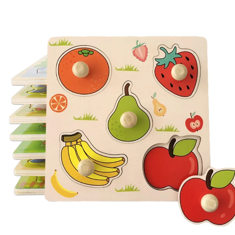 

Montessori Educational Wooden Puzzles For Kids Learning Toys Baby Games Toys 3D Puzzle Grasping Handles Child Puzzle