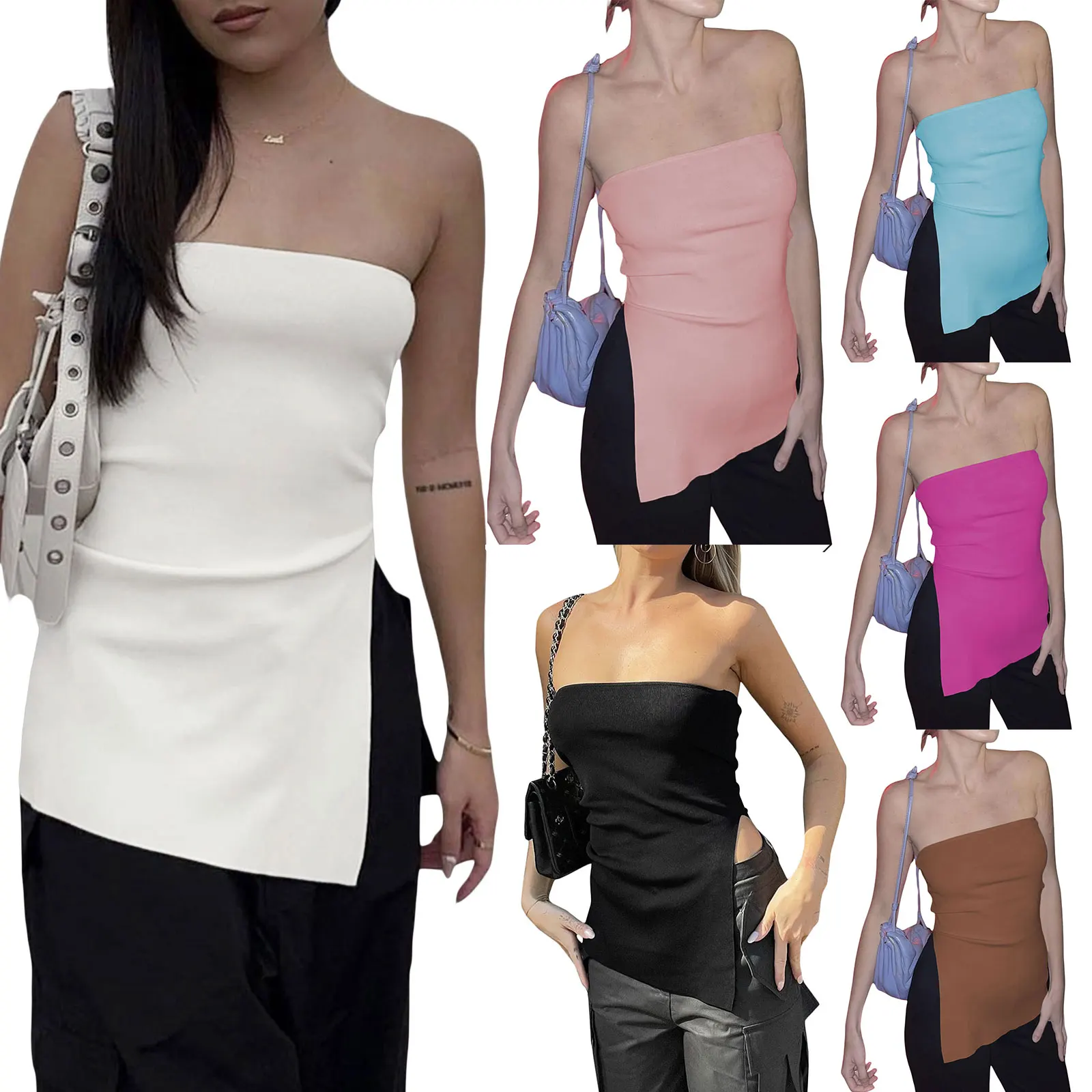 

Женский трикотажный топ-Труба без бретелек с открытой спиной и неравномерным разрезом однотонный летний женский эластичный жилет для клуба