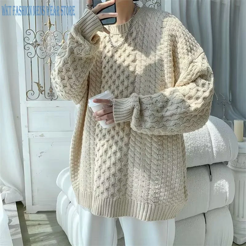 Autumn Winter Thickening Cable-Knit Sweater Men's Clothing Round Neck Klein Blue Loose Sweaters Casual Coat Pullover Polyester