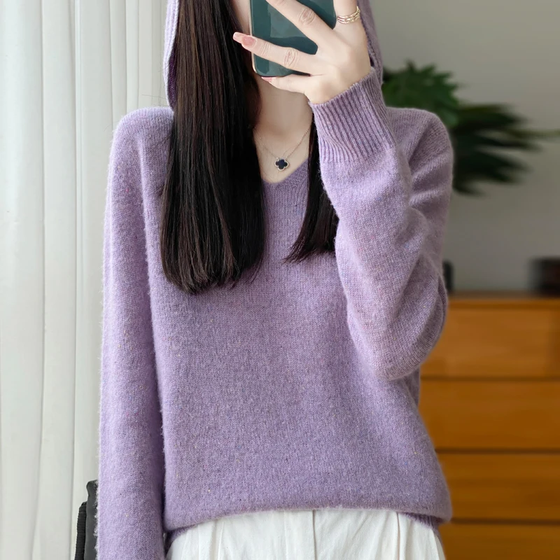 Новинка Осень-зима 100% Женская одежда из мериносовой шерсти пуловер с капюшоном