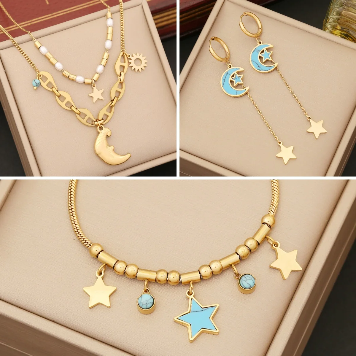 

316L Stainless Steel Star Moon Pendant Necklace for Women's New Beaded Layered Collar Chain Jewelry Set Gift