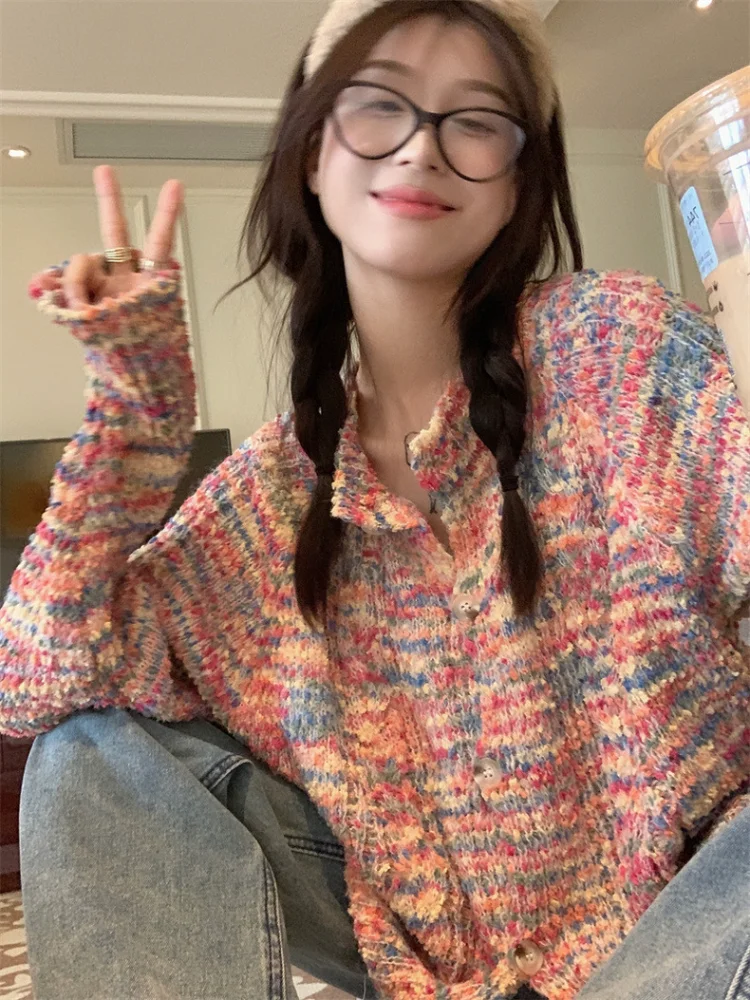 

Korean Sweet O-neck Rainbow Pink Sweaters Mujer Autumn E-Girl Loose Long Sleve Cardigan Women Y2k Grunge Knitted Cardigans
