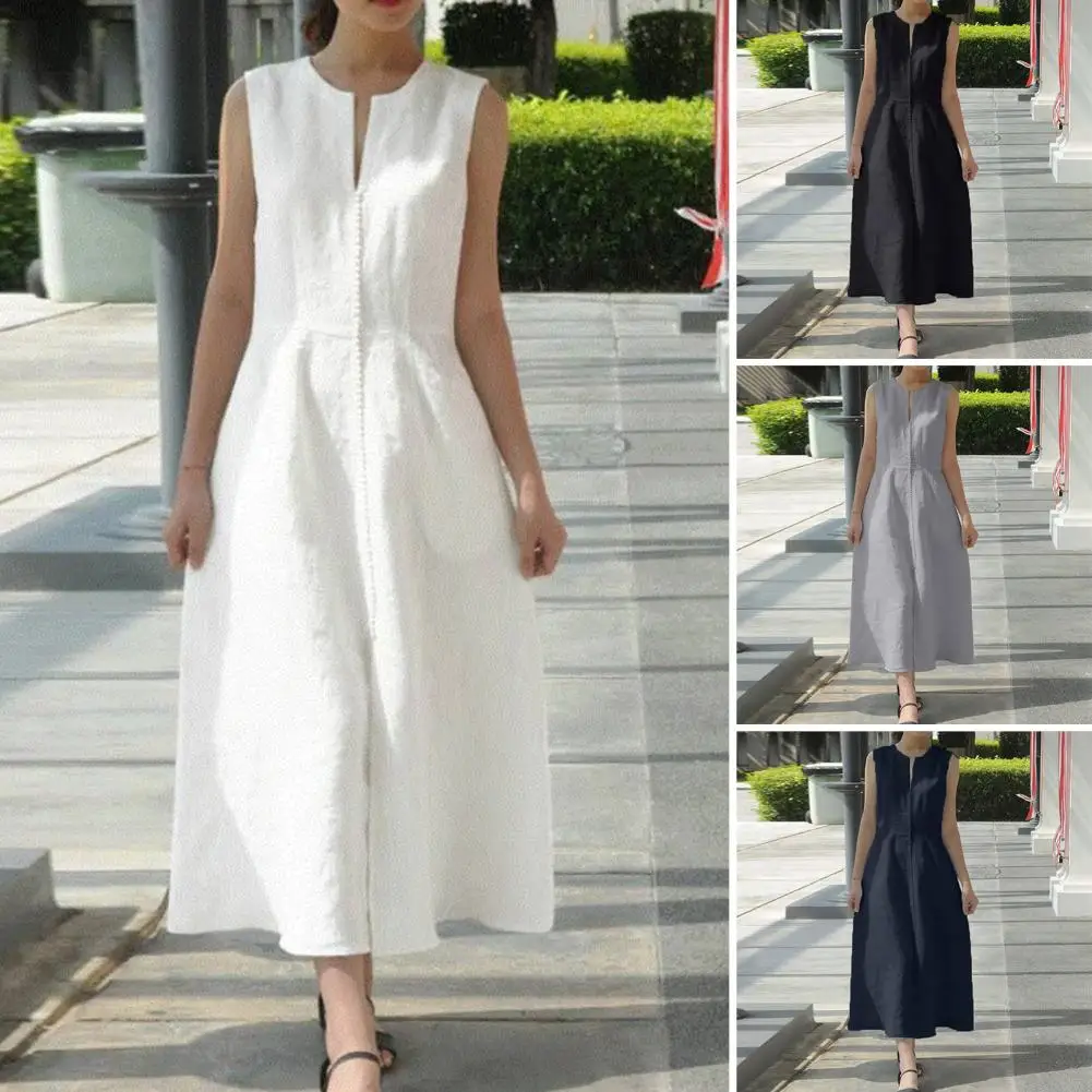 

Women Long Dress 2022 Summer Sexy Sleeveless Casual V Neck Sundress Belt Loose Ankle-length Dress Party Femme Clothing