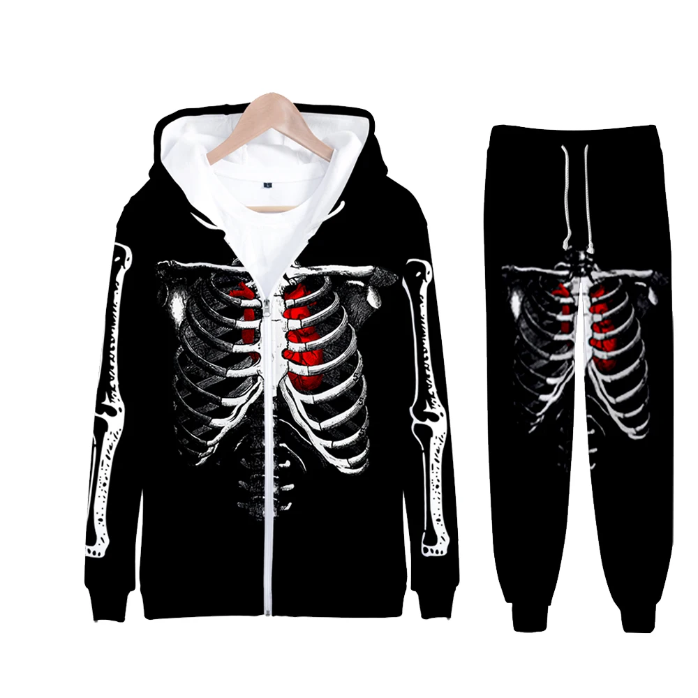 

Men Hoodie 3D Printed Halloween Skeleton Skull Heart 2pcs/set Tracksuit Sweatshirt Sweatpants Boy Streetwear Hip Hop Jogging