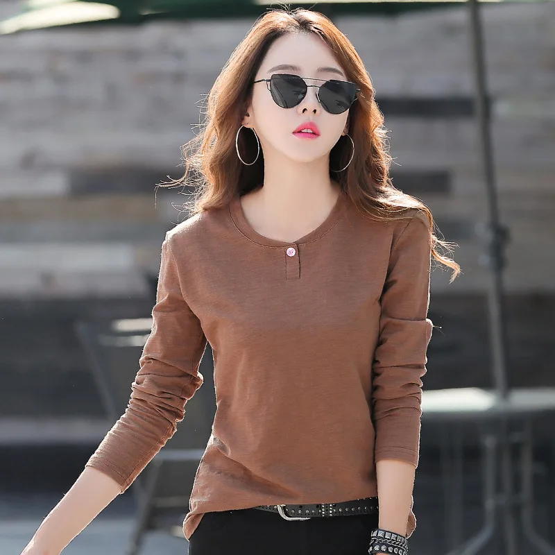 

Poleras Mujer 2022 New Cotton Button Women T Shirt Solid Womens Top Long Sleeve Tees Korean Style Clothes Spring Tee Shirt Femme