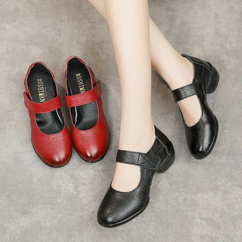 dressy block heel shoes womens genuine leather solid pumps ladies low heels mary jane shoes mother comfort strap red pumps shoes