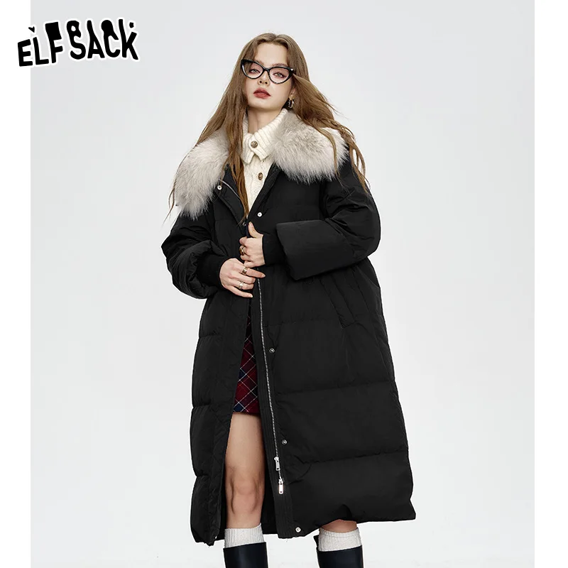 Фото ELFSACK 2024, новые зимние поступления, черный пуховик средней длины для женщин, элегантное пальто с искусственным меховым воротником на талии №2