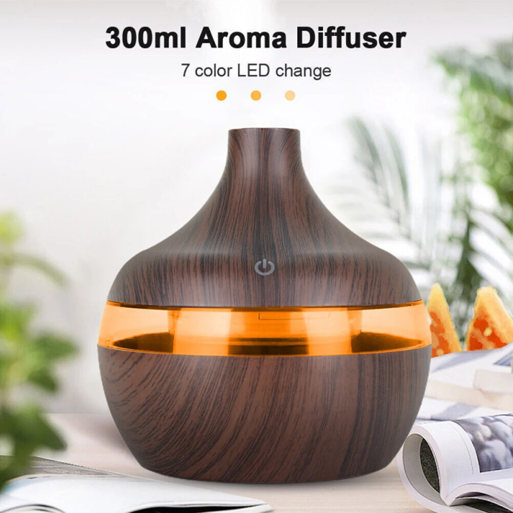 

Essential Oil Diffuser Wood Grain Remote Control Ultrasonic Air Humidifier Cool With 7 Color LED Light 300ml Water
