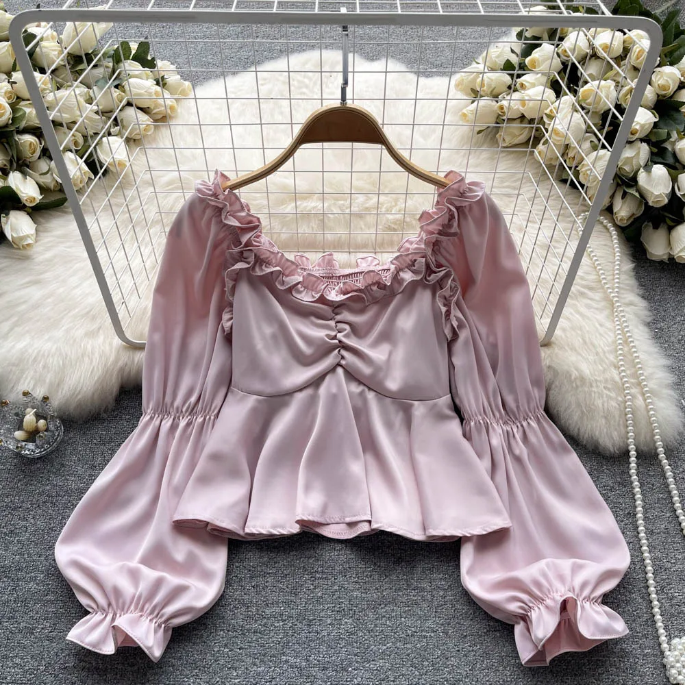 

French Chic Blouses Sweet Femininas Lantern Sleeve O Neck Tops Ruffles Bloes Dames HighStreet Blusa Mujer Casual Shirts Dropship