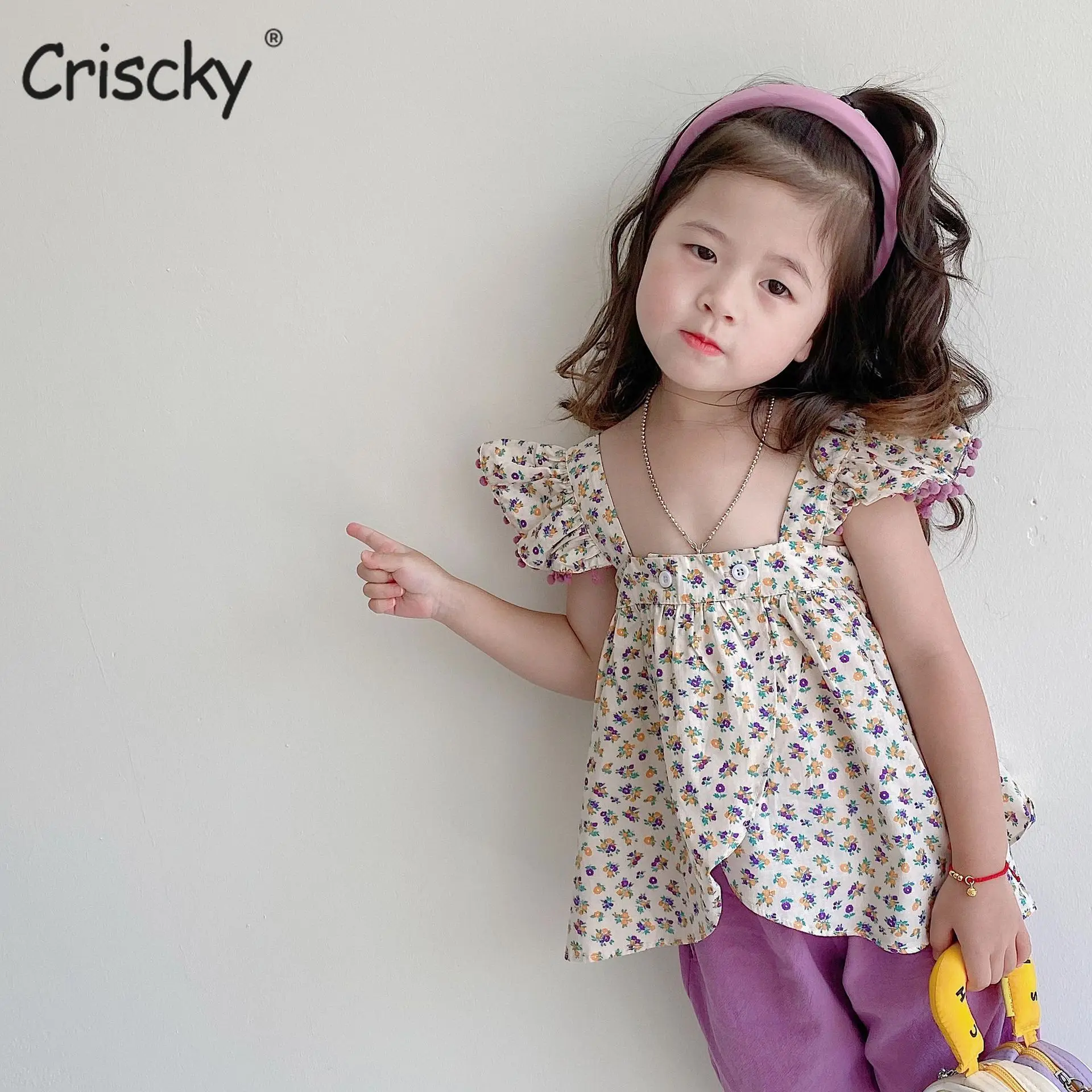 

Criscky Toddler Girls child Sets 2022 Summer Girls Clothes Ruffledfly sleeves Tops+purple mid Pants Outfit Kids Children set