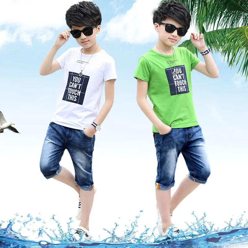 

[95% cotton T-shirt + denim pants] boy short-sleeved suit children's summer two-piece suit big boy 3