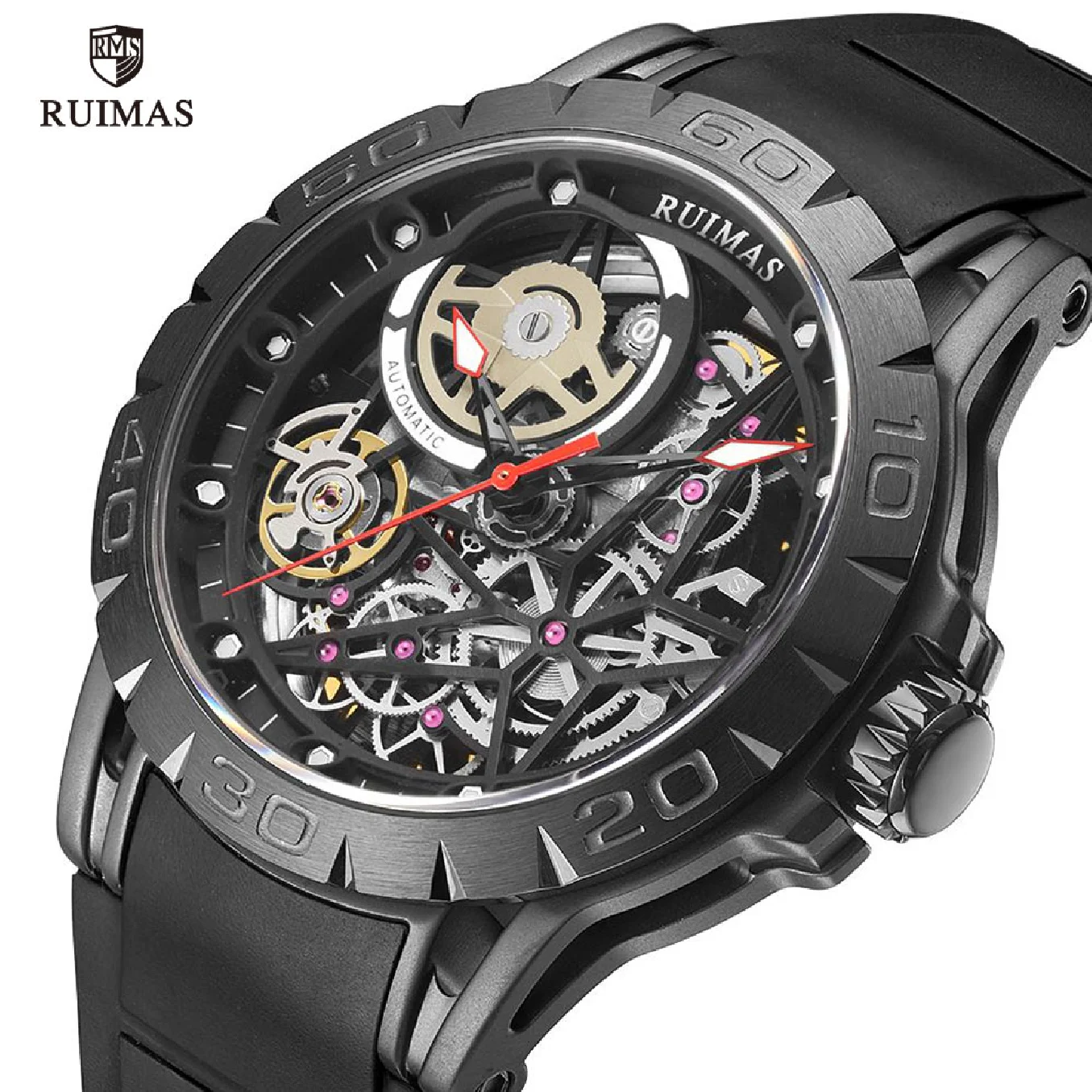 

RUIMAS Automatic Mechanical Watches Men Luxury Fashion Military Sport Skeleton Wristwatch Man Silicone Strap Waterproof Watch