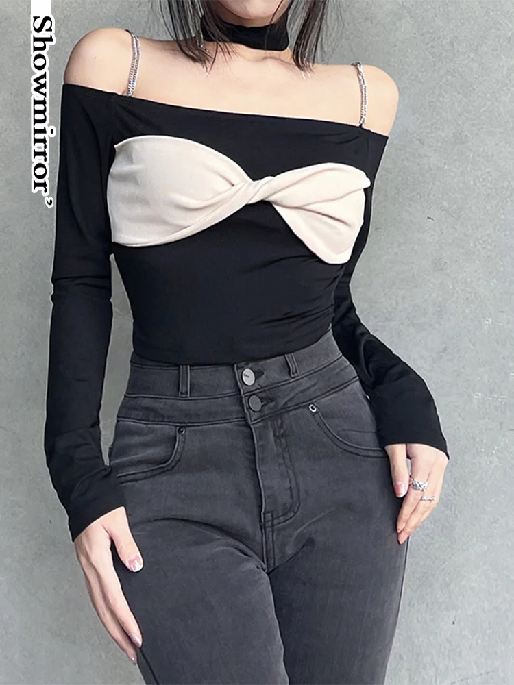 

Showmirror Chain Straps Twist Off Shoulder T-shirt Korean Fashion Patchwork Knit Slim Crop Top Y2K Casual Lad Teachwear